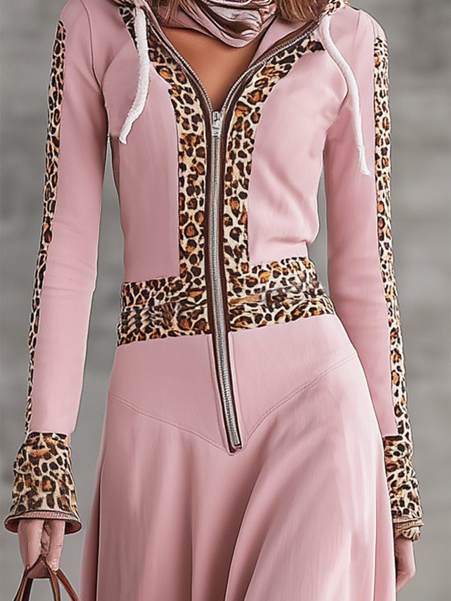 Fashionable Pink Hooded Patchwork Leopard Print Flared Skirt Maxi Dress