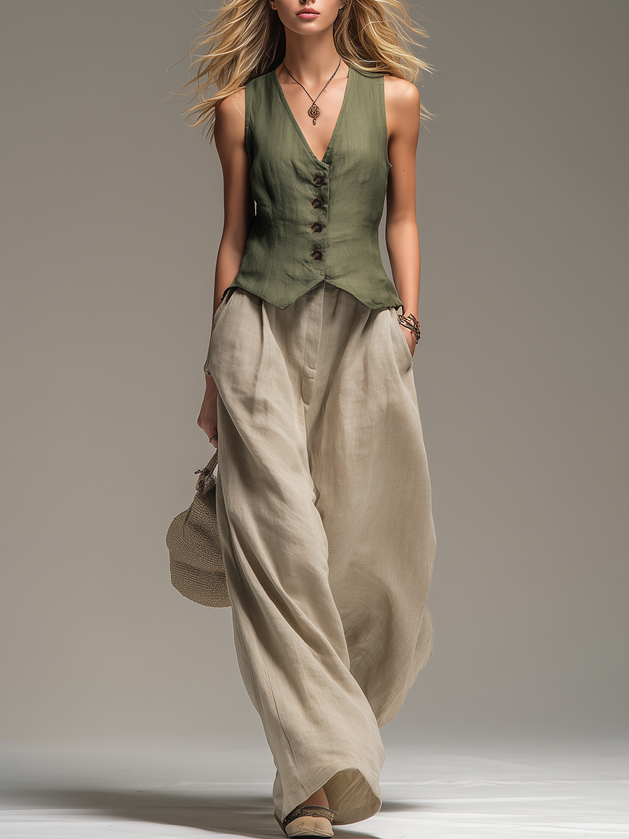 Comfortable And Relaxed V-neck Sleeveless Top And Trousers Set