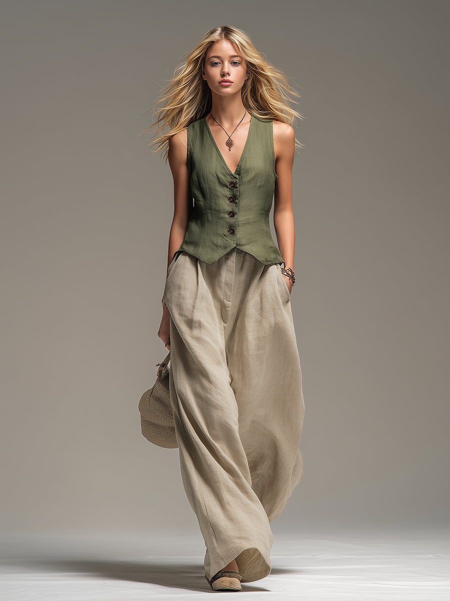 Comfortable And Relaxed V-neck Sleeveless Top And Trousers Set