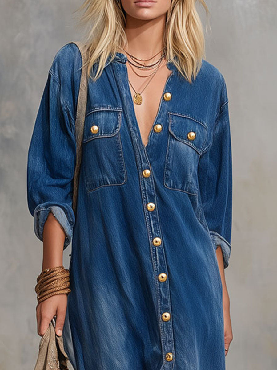 Loose-fitting Double-pocket Button-down Denim Long-sleeved Maxi Dress