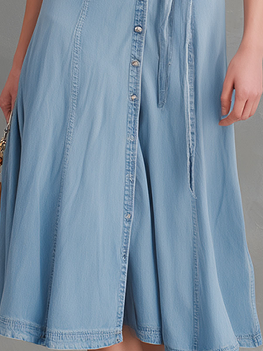 Fashionable Retro Blue Sleeveless Tie-button Washed Denim Midi Dress