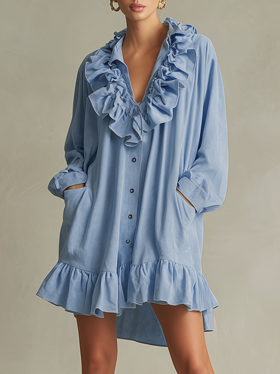 Casual Retro Ruffled Blue Shirt-style Faux Suede Mini Dress