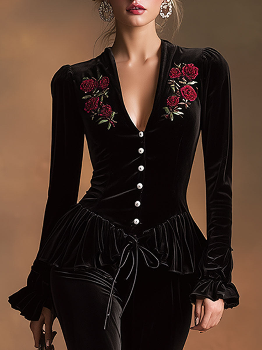 An Elegant, Vintage-style Embroidered Black Velvet Shirt And Ruffled Trousers Set