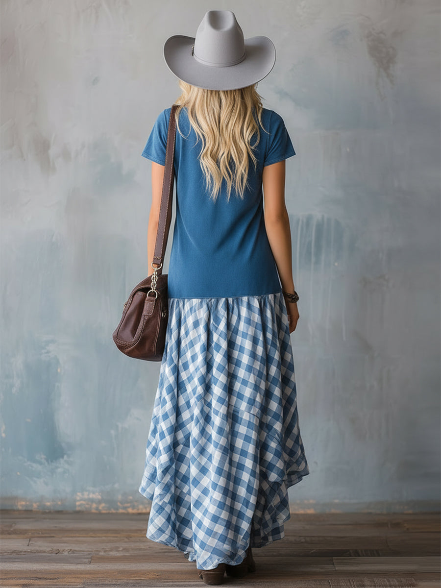 Retro-style Fashionable Blue Faux Suede Patchwork Plaid Short-sleeved Maxi Dress