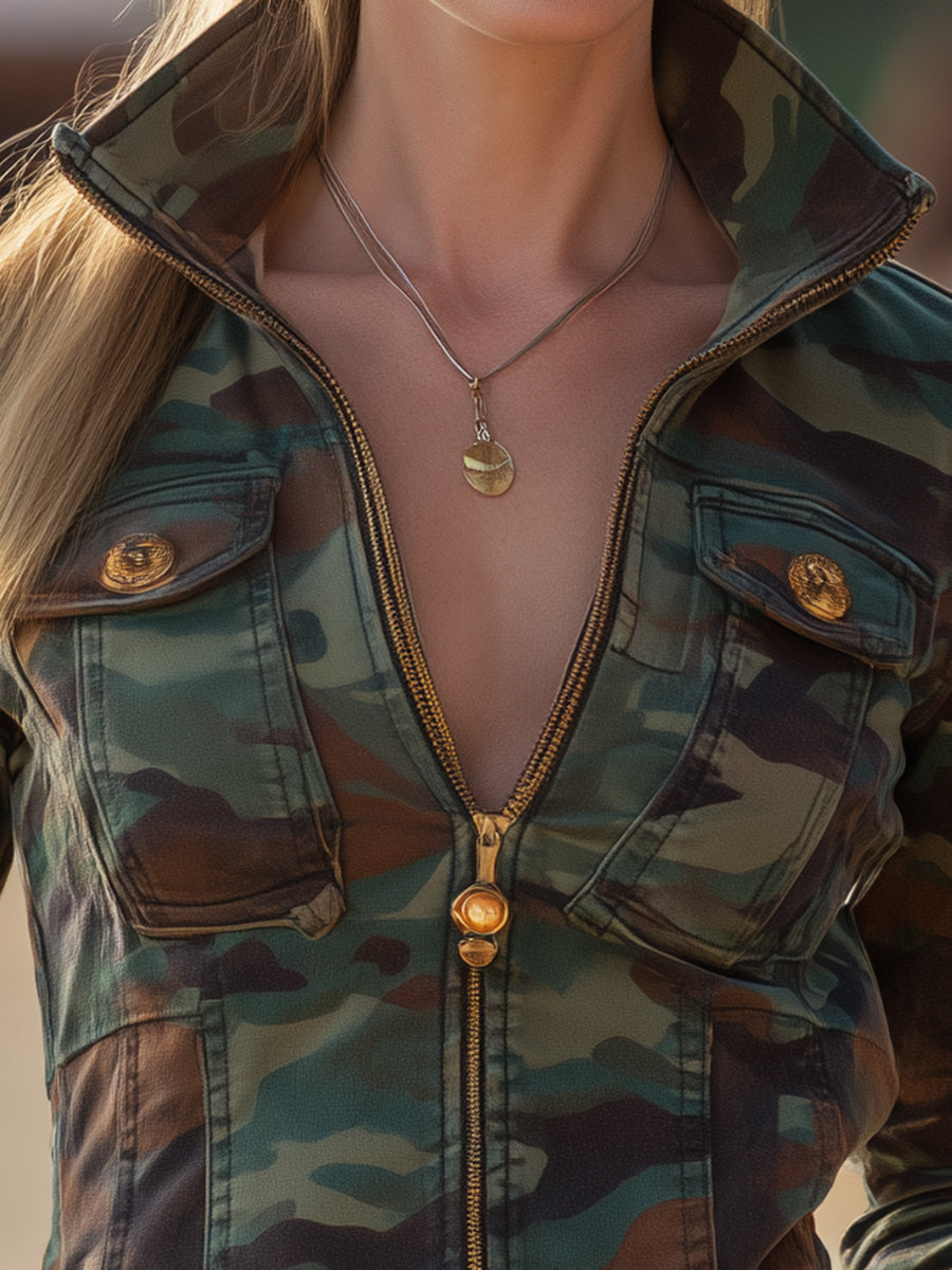 Western-style Long-sleeved Camouflage Zippered Pocket Jacket