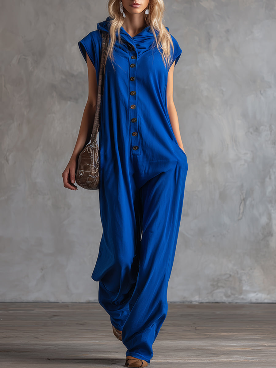 Stylish And Sporty Royal Blue Hooded Wide-shouldered Cotton Sleeveless Jumpsuit