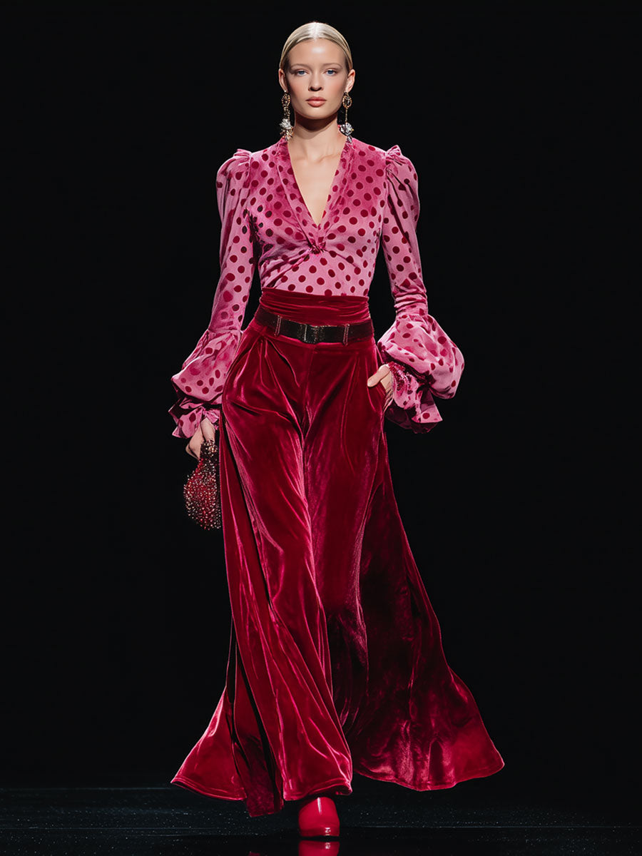 Trendy Retro Polka Dot Red Velvet V-neck Long-sleeved T-shirt And Wide-leg Pants Set