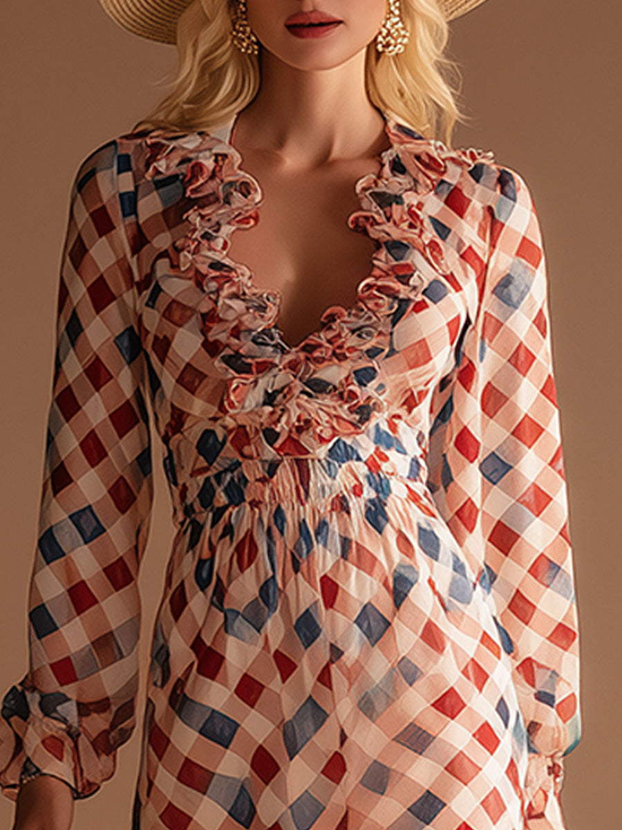 Fashionable Retro Plaid Print Ruffled Chiffon Maxi Dress