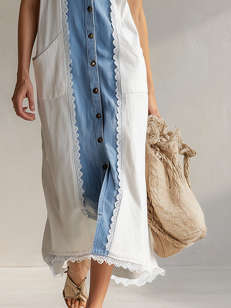 Elegant Urban Style Color-blocked Tencel Denim Sleeveless Maxi Dress