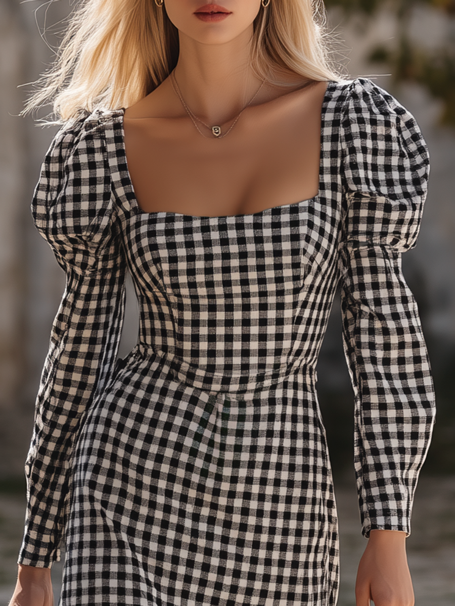 Retro Square Neck Long-sleeved Plaid Midi Dress