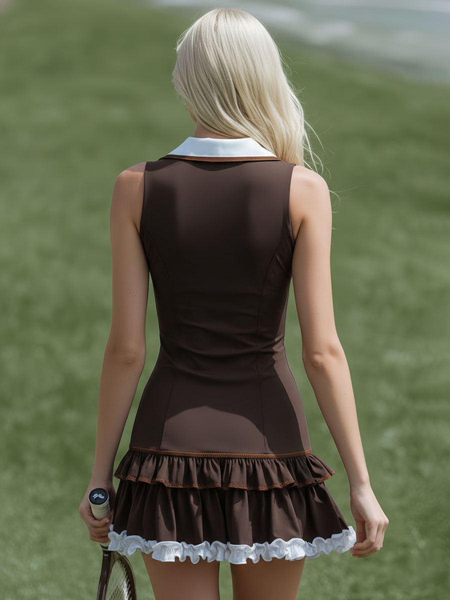 Collared Button-down Color-blocked Ruffle Sleeveless Mini Dress