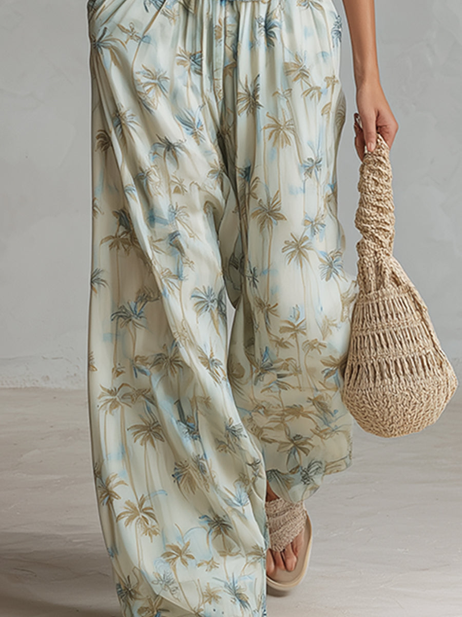 Elegant Vacation Style Light Green Chiffon Coconut Tree Printed Sleeveless Top & Wide-Leg Pants Set