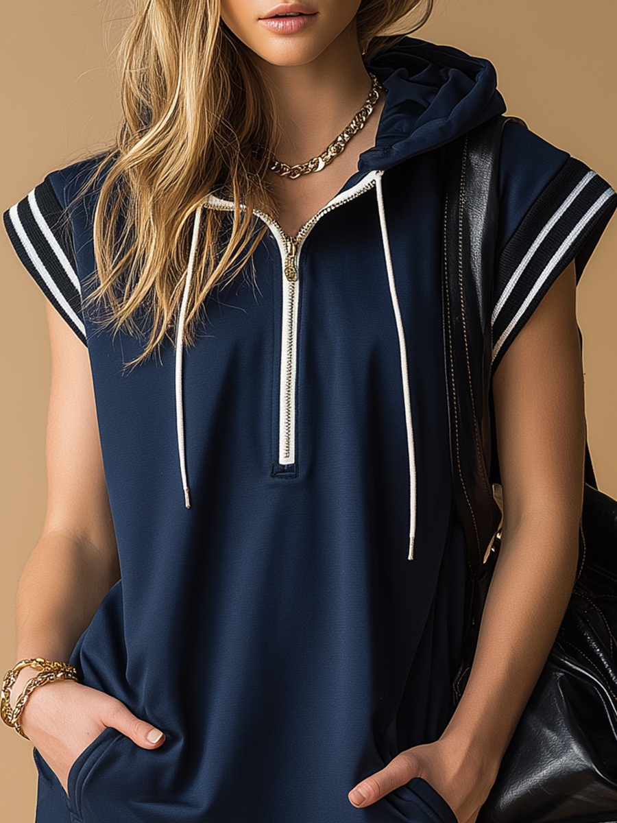 Sporty Retro Wide-shouldered Sleeveless Hooded Mini Dress