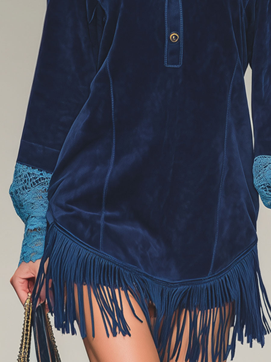Stand-up Collar Button Lace Tassel Faux Suede Long-sleeved Mini Dress