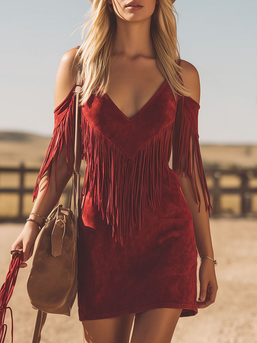 Western-style V-neck Short-sleeved Fringed Faux Suede Mini Dress