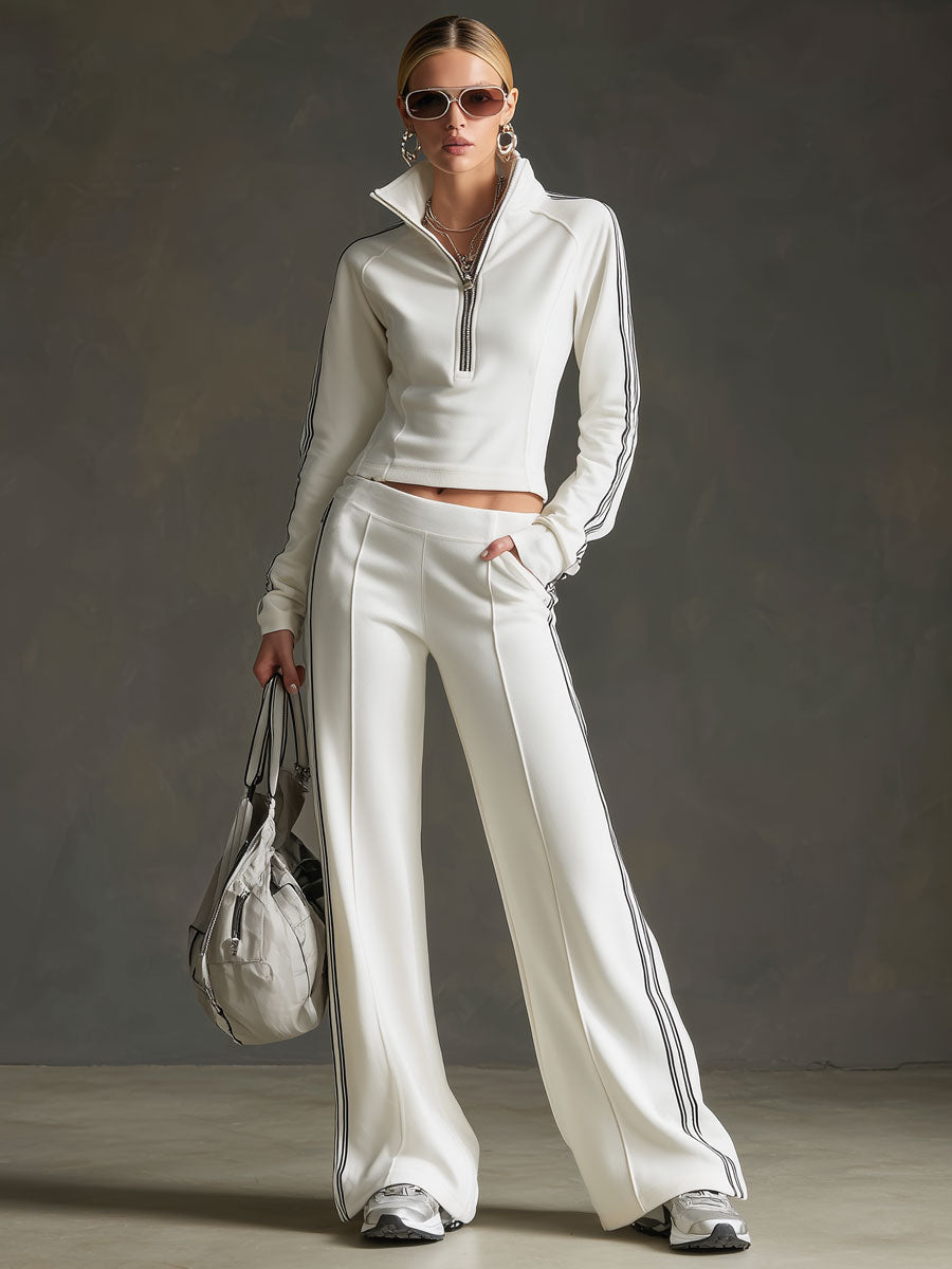 Sporty Retro Striped Webbing White Long-Sleeve Sweatshirt And Wide-Leg Pants Set