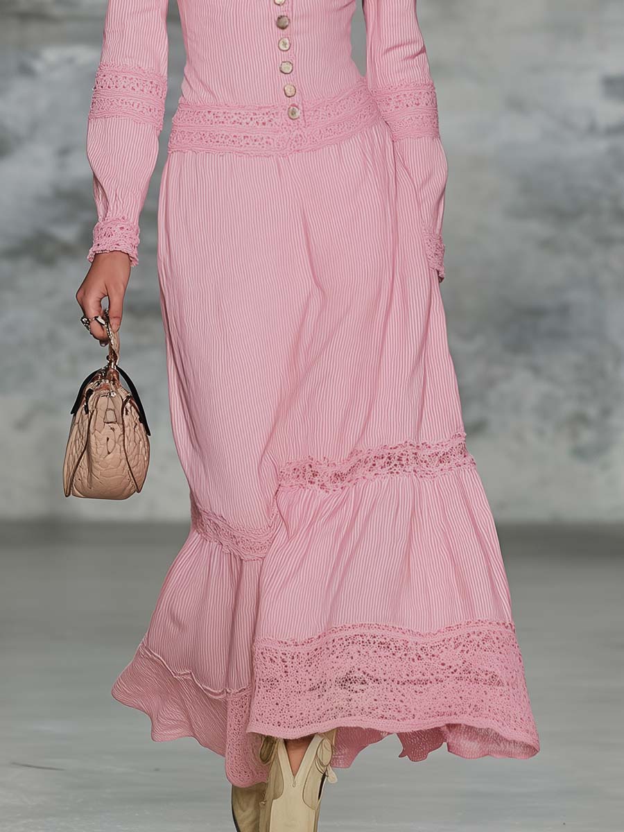 Elegant Retro V-neck Lace-trimmed Light Pink Cotton Midi Dress