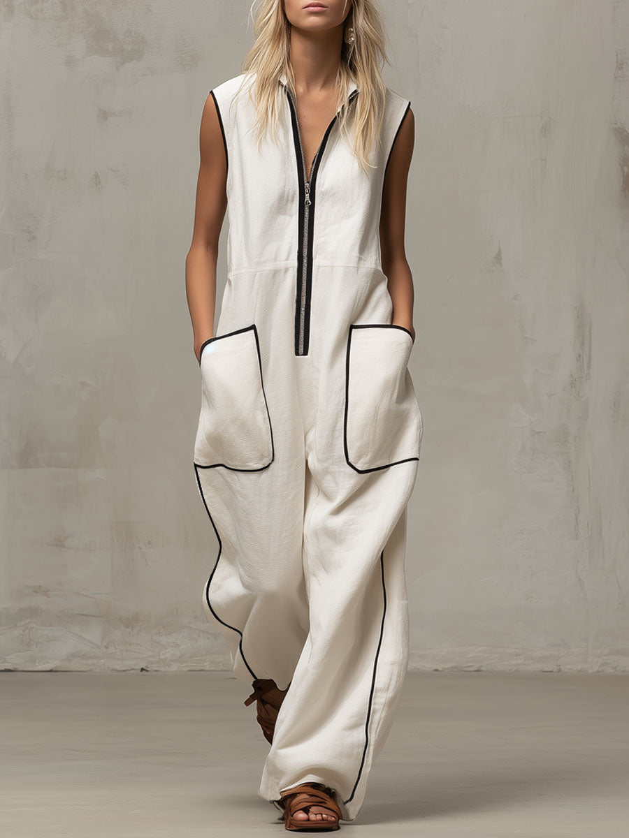 Loose-fitting Cotton-linen Color-blocked Stand-up Collar Zip-up Sleeveless Jumpsuit