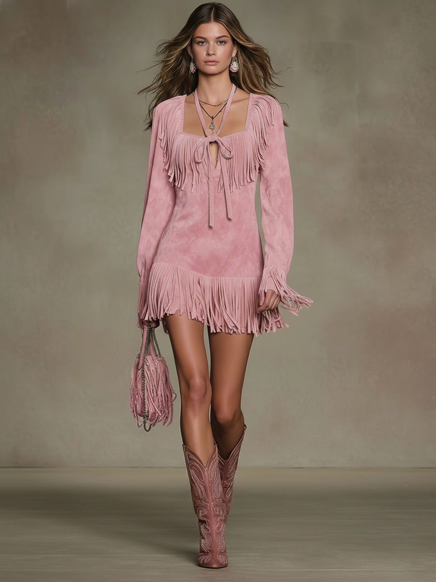 Western Retro Pink Faux Suede Tassel Long-Sleeved Mini Dress
