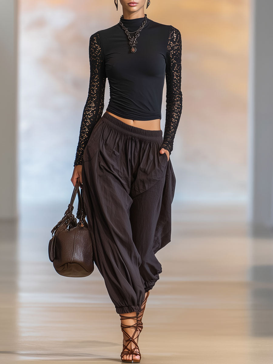 High-neck Lace-trimmed Cotton Long-sleeved T-shirt And Loose Wide-leg Pants Set