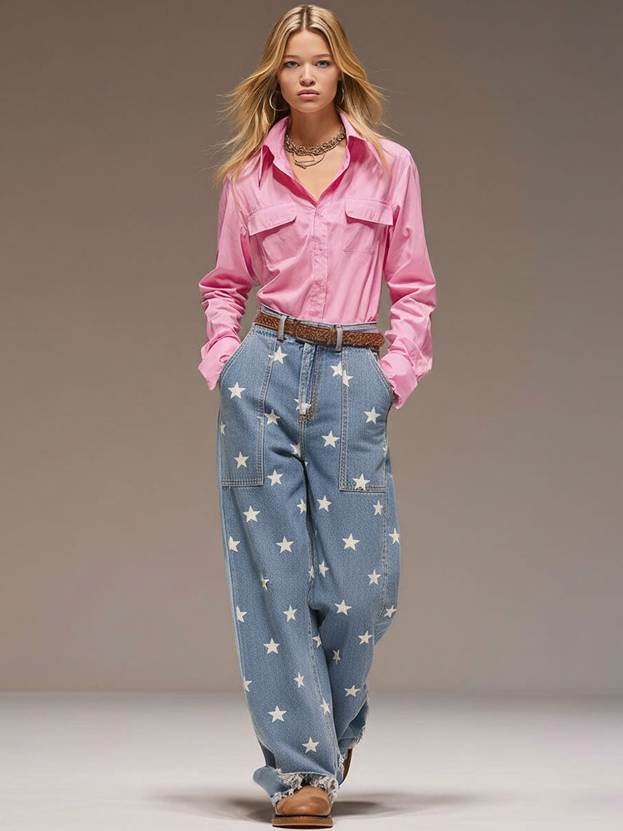 Casual Retro Five-star Print Frayed Wide-leg Light Blue Jeans
