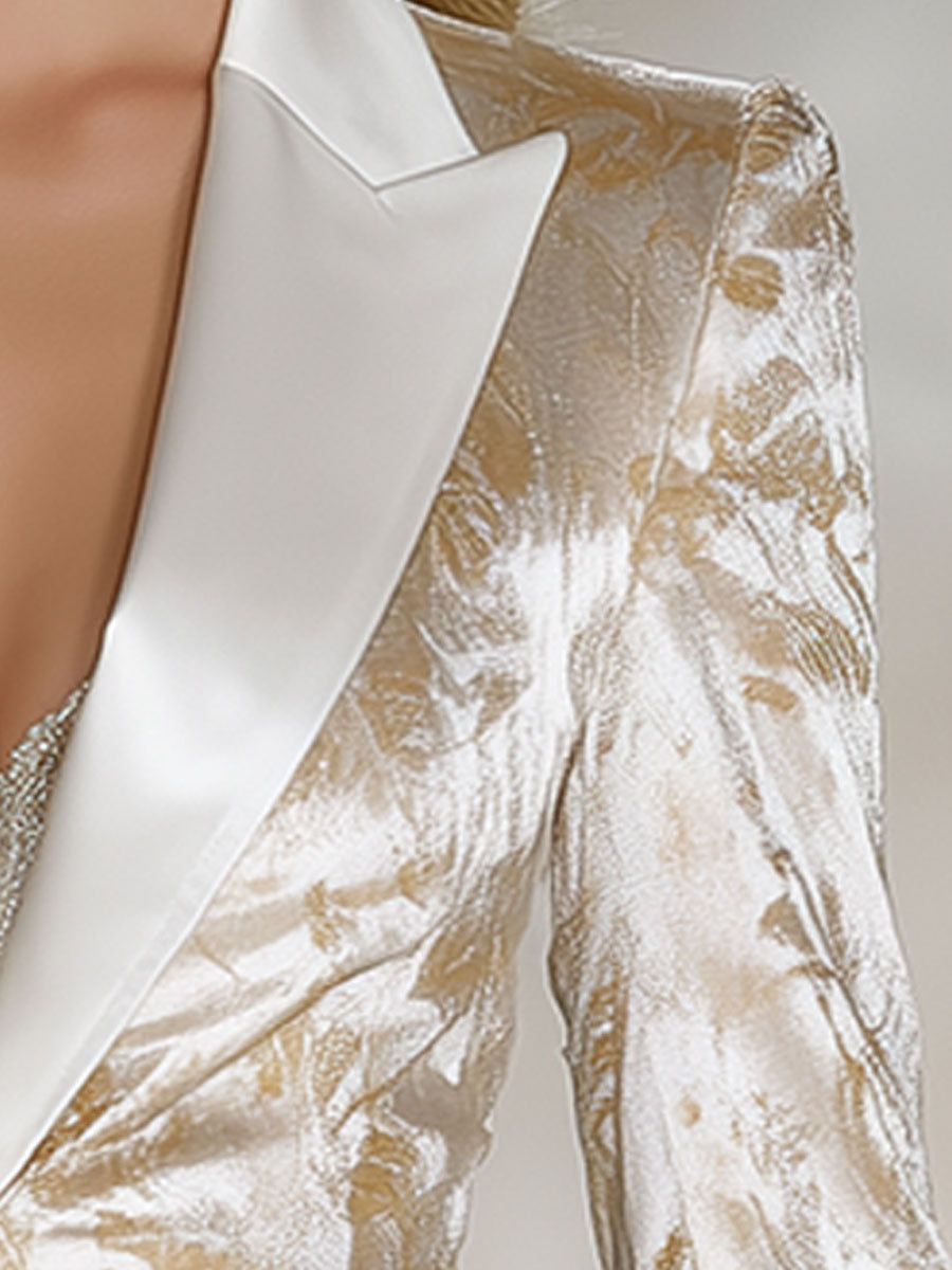 Stylish And Elegant Gold-printed White Velvet Blazer