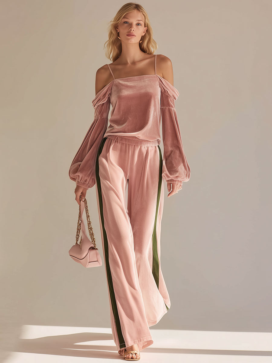 Fashionable Sporty Pink Velvet Off-the-shoulder Top And Wide-leg Pants Set