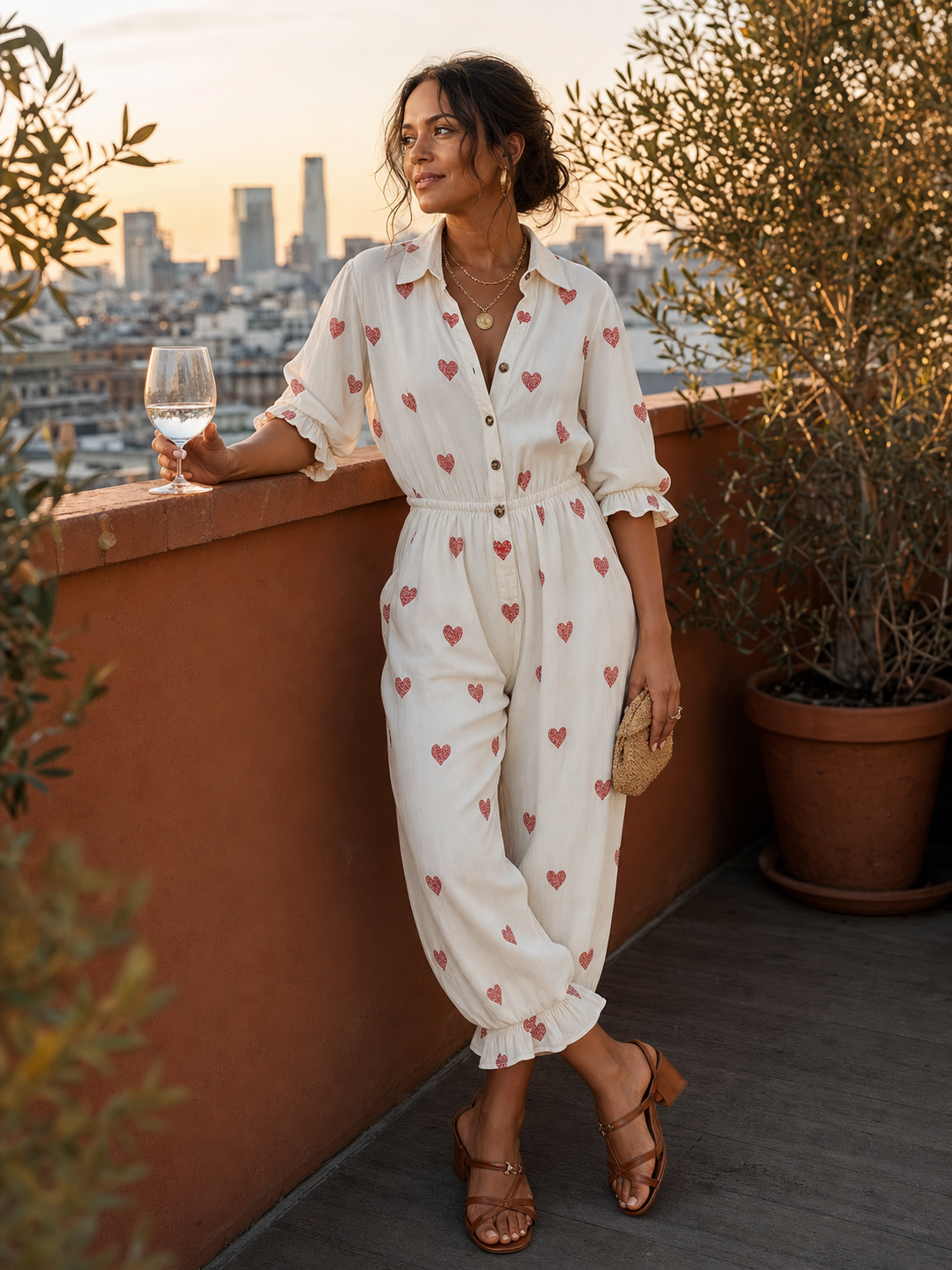Retro Lazy V-neck Front Button Closure Heart Pattern Ivory Cotton-linen Jumpsuit