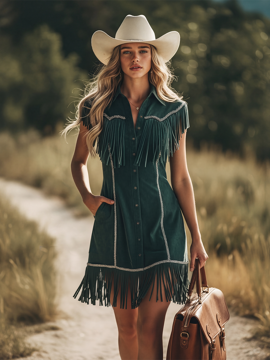 Retro-style Shirt Collar Button Closure Tassel Faux Suede Mini Dress