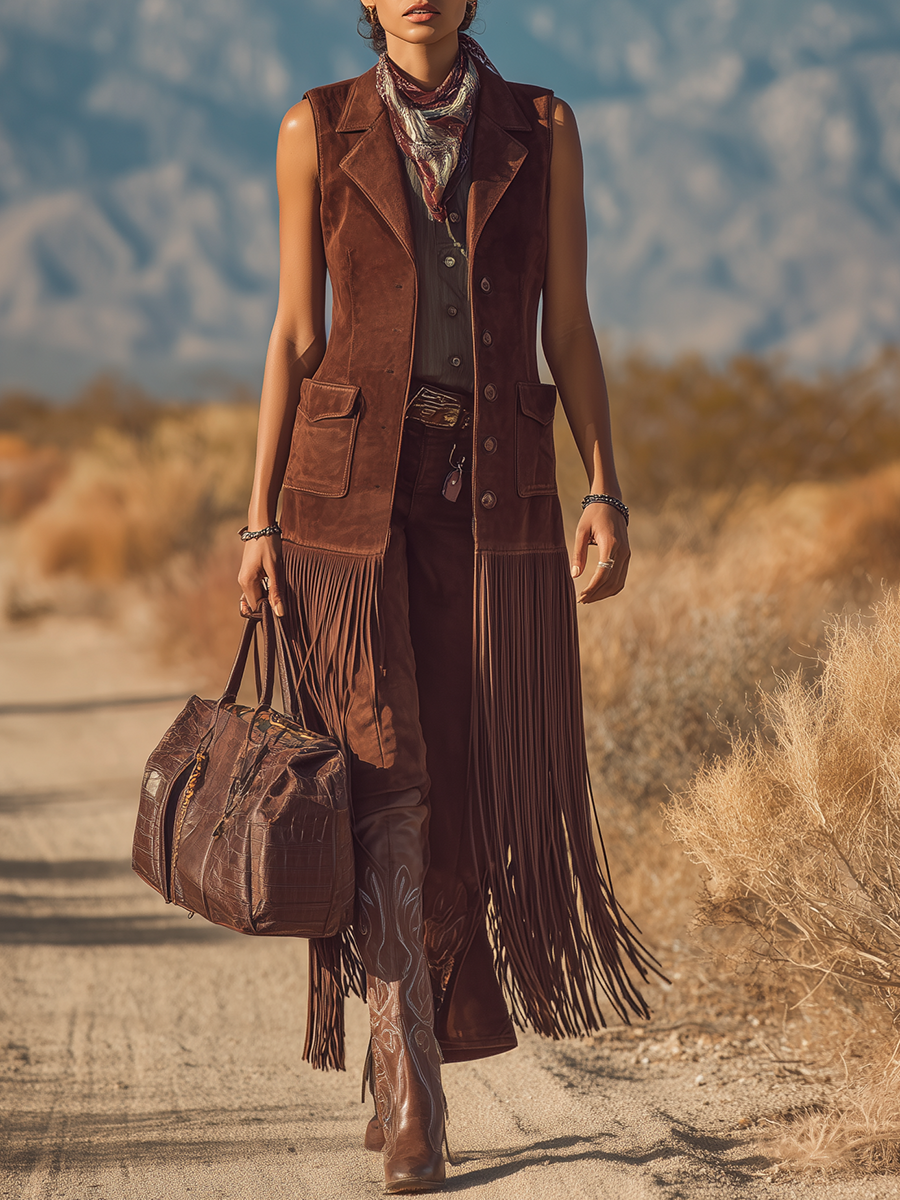 Stylish Western-style Brown Faux Suede Fringed Mid-length Vest