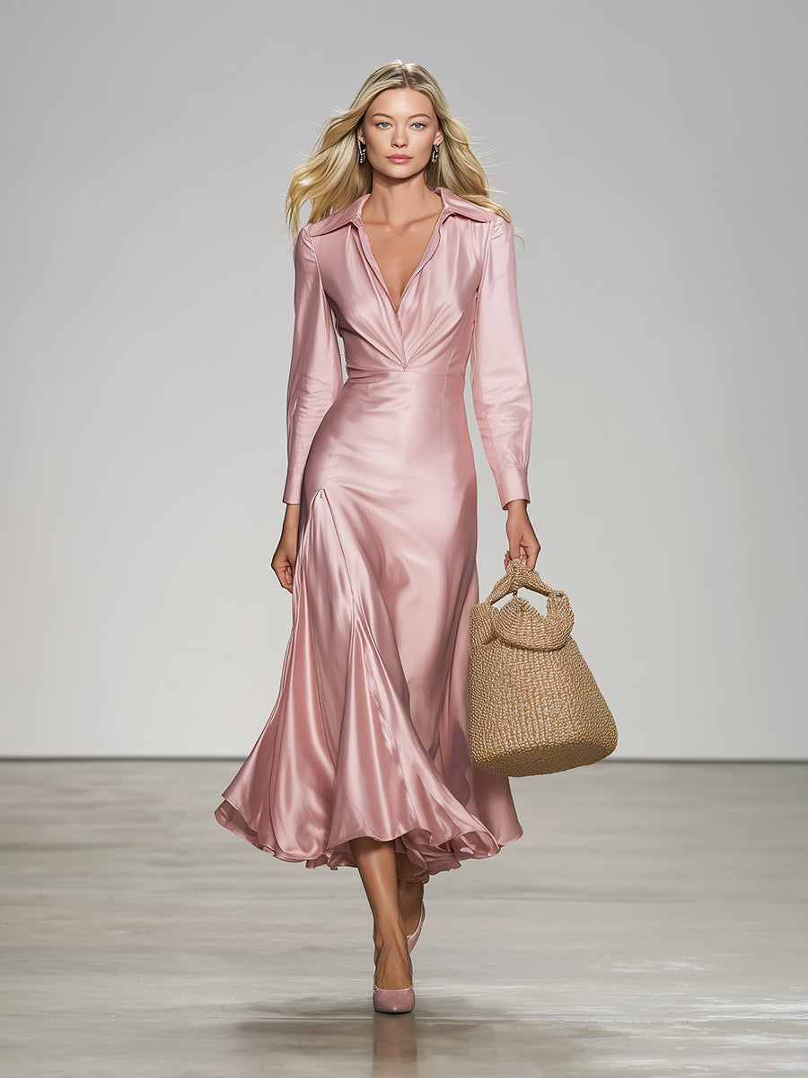 Elegant Pink Satin Shirt Collar Midi Dress