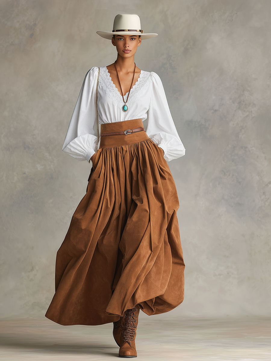 Retro-style Faux Suede High-waisted Pleated Midi Skirt