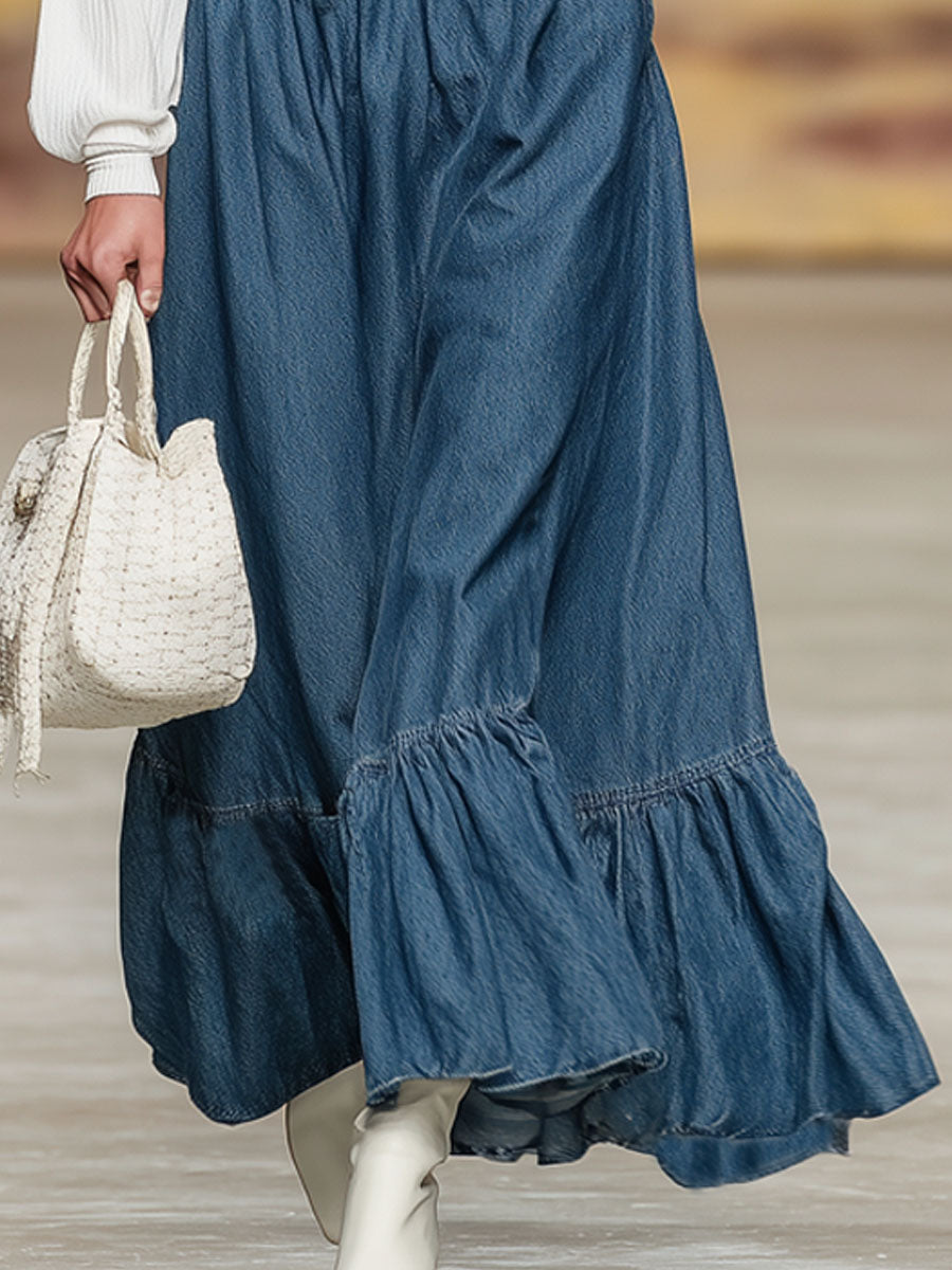 Retro Loose-fitting Pocket Ruffle Suspender Maxi dress