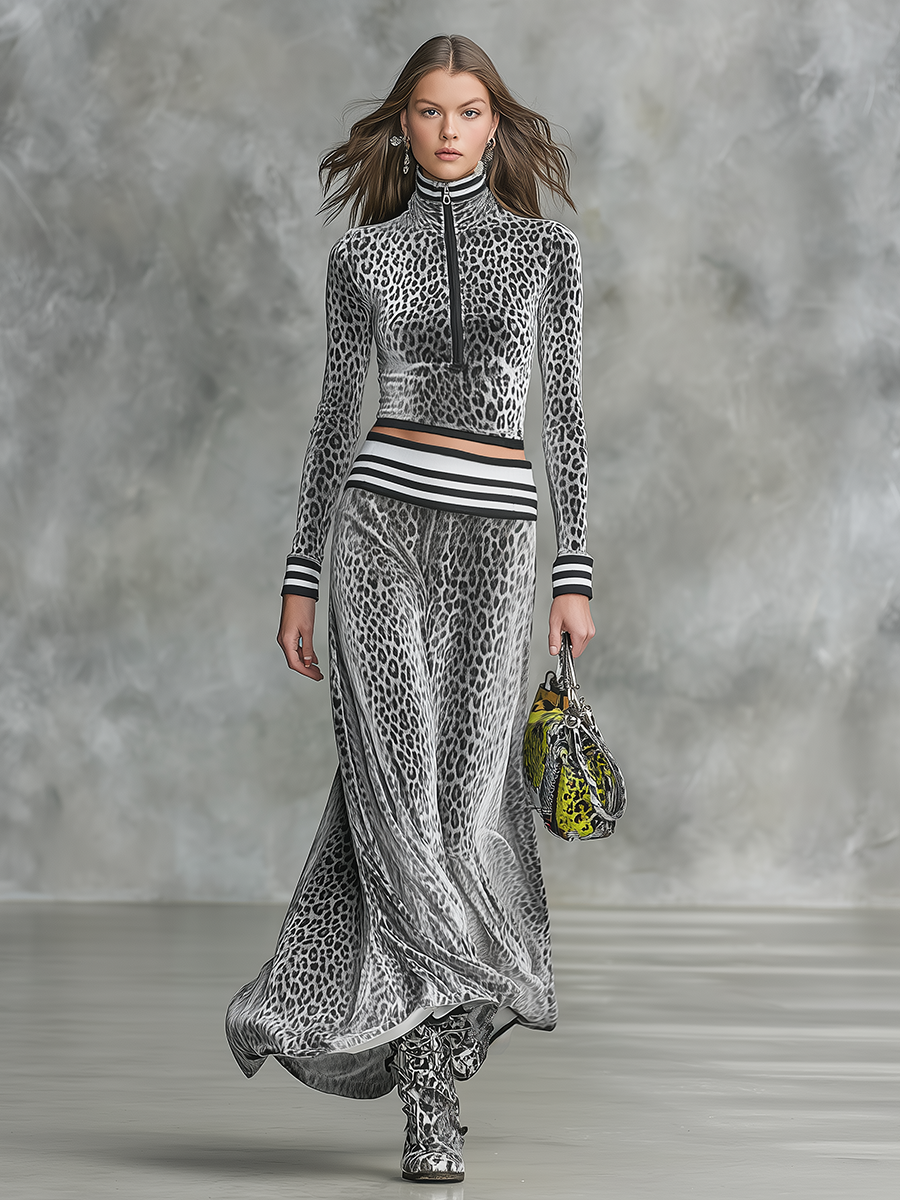 Retro Zip-up Stand-collar Leopard Print Velvet Top And Long Skirt Set