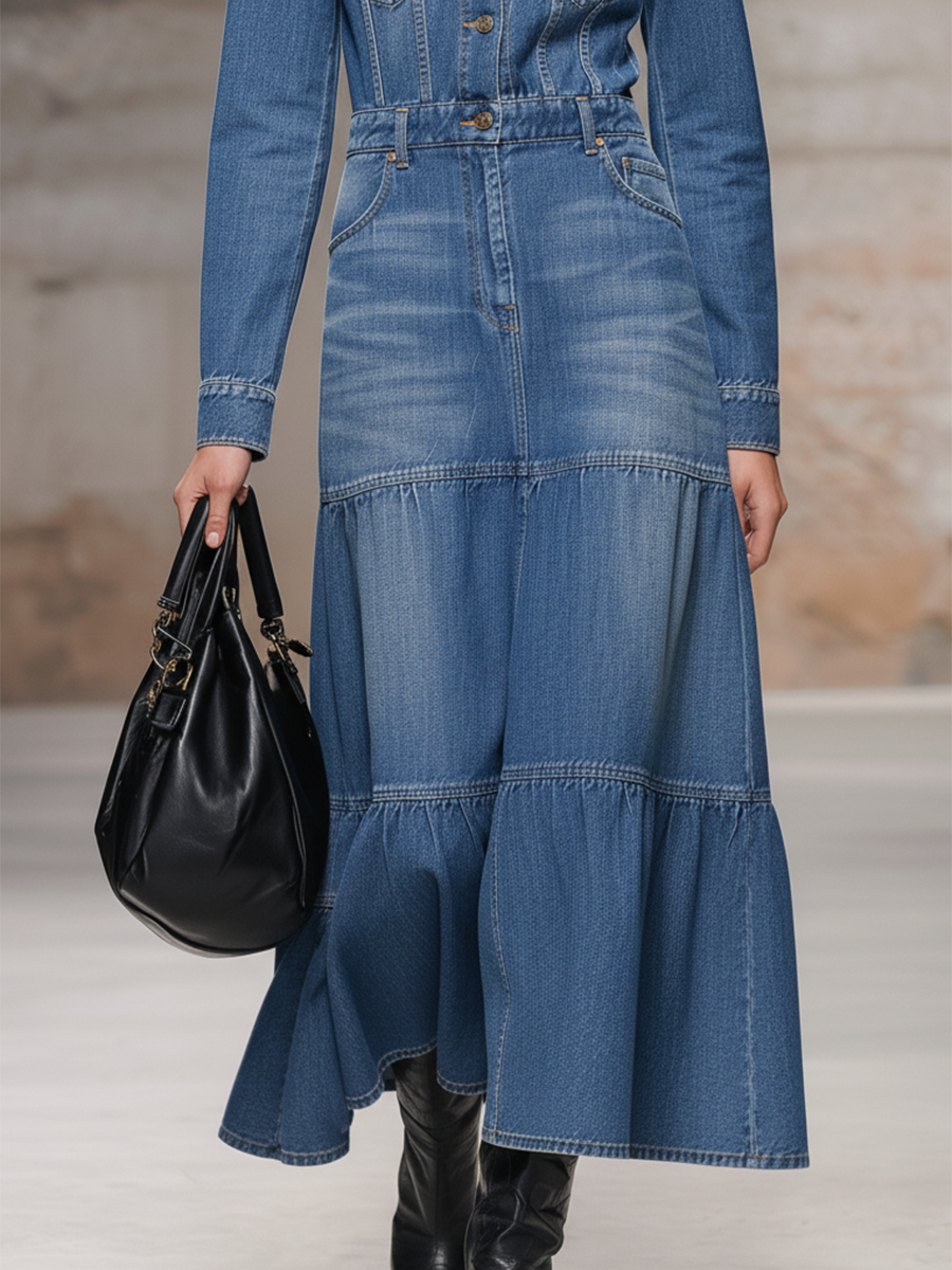 Casual And Stylish Lapel Blue Denim Maxi Dress