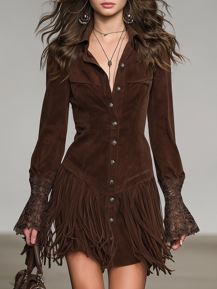 Western-style Brown Faux Suede With Fringed Hem And Cuffs Shirt Mini Dress