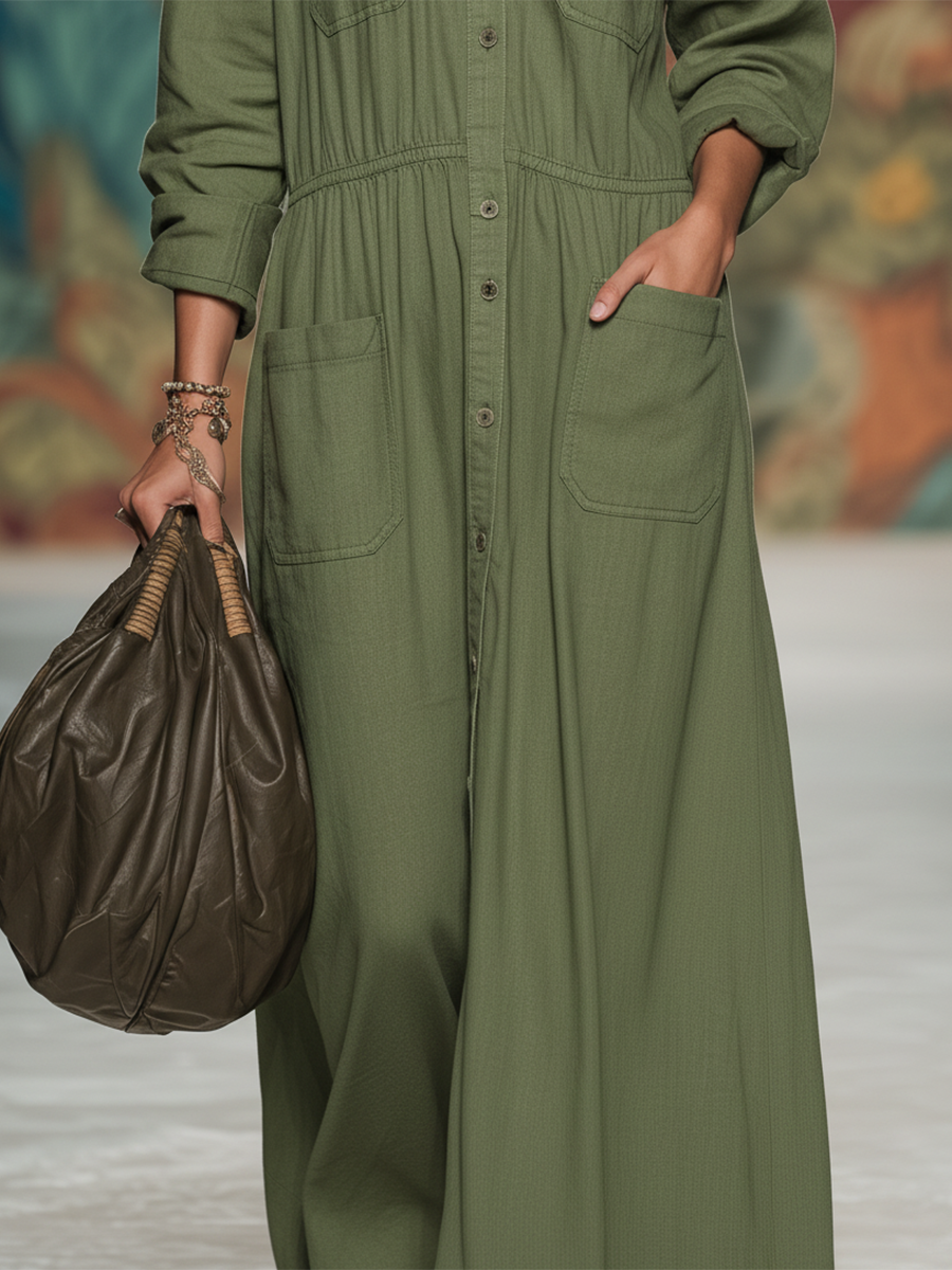 Retro Casual Loose Solid Color Multi-pocket Maxi Dress