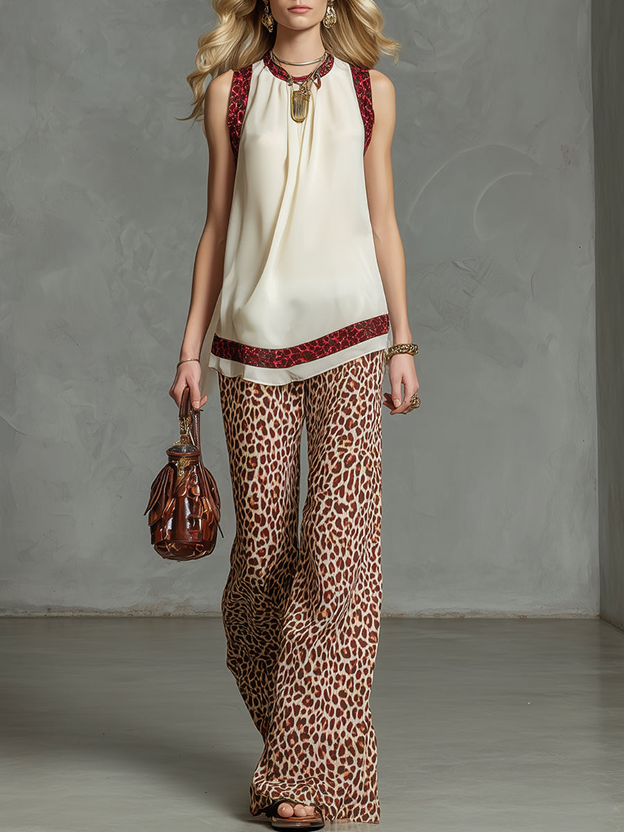 Stylish And Elegant Beige Chiffon Top And Leopard Print Trousers Set