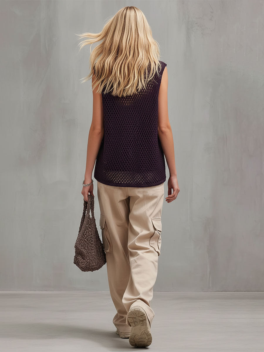 Stylish And Casual Purple Mesh Knit Sleeveless T-shirt And Khaki Trousers Set