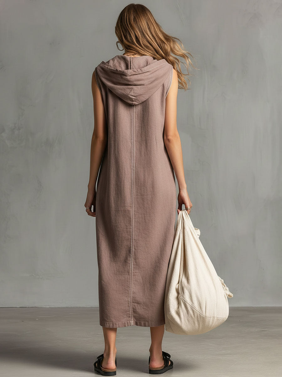 Casual Retro Mauve Cotton Linen Sleeveless Hooded Midi Dress