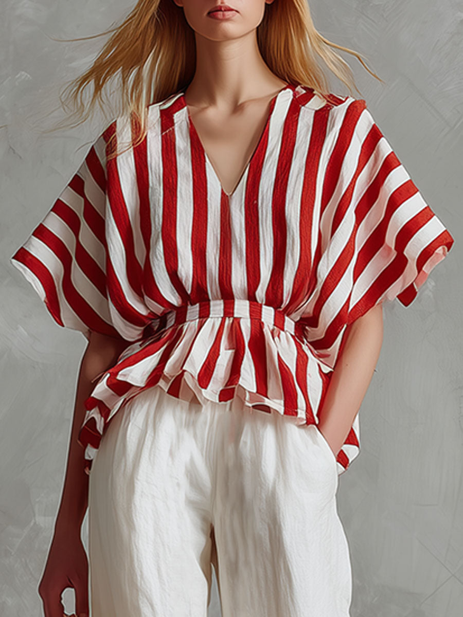 Casual Retro Style Red And White Striped Chiffon Shirt And White Cotton Linen Pants Set