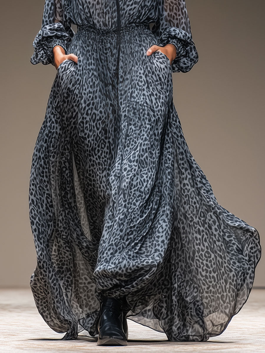 Retro Leopard Print Blue Chiffon V-neck Tie-waist Long Sleeve Maxi Dress