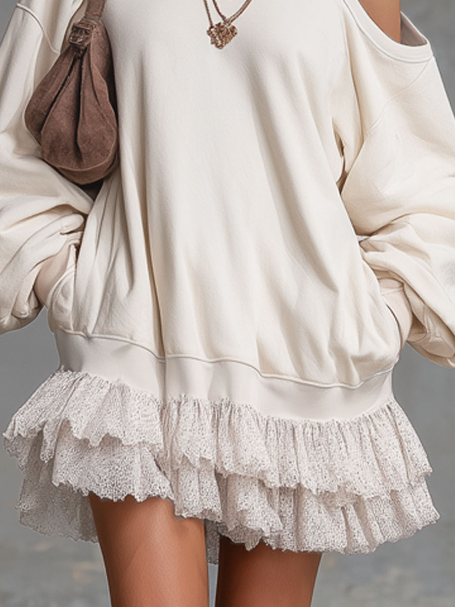 Loose Sporty Round Neck Off-the-shoulder Long-sleeved Mini Dress