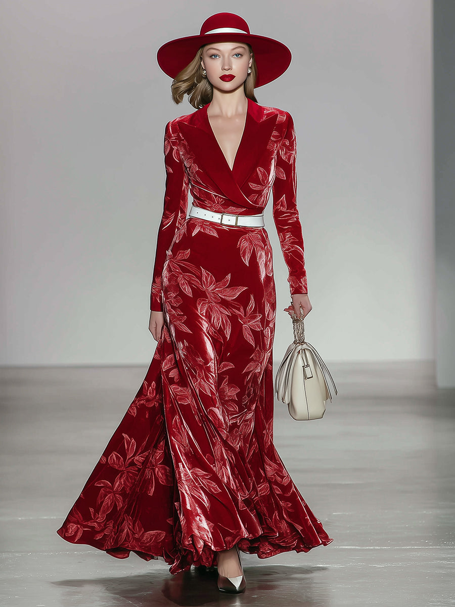 Elegant Red Velvet Maple Leaf Textured Suit Collar Maxi Dress