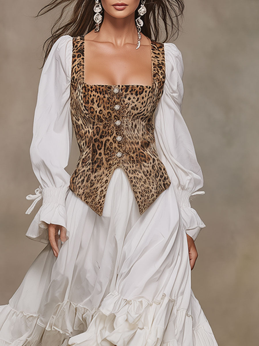 Fashionable Retro Faux Two-piece Leopard Print Faux Suede Vest White Cotton Maxi Dress