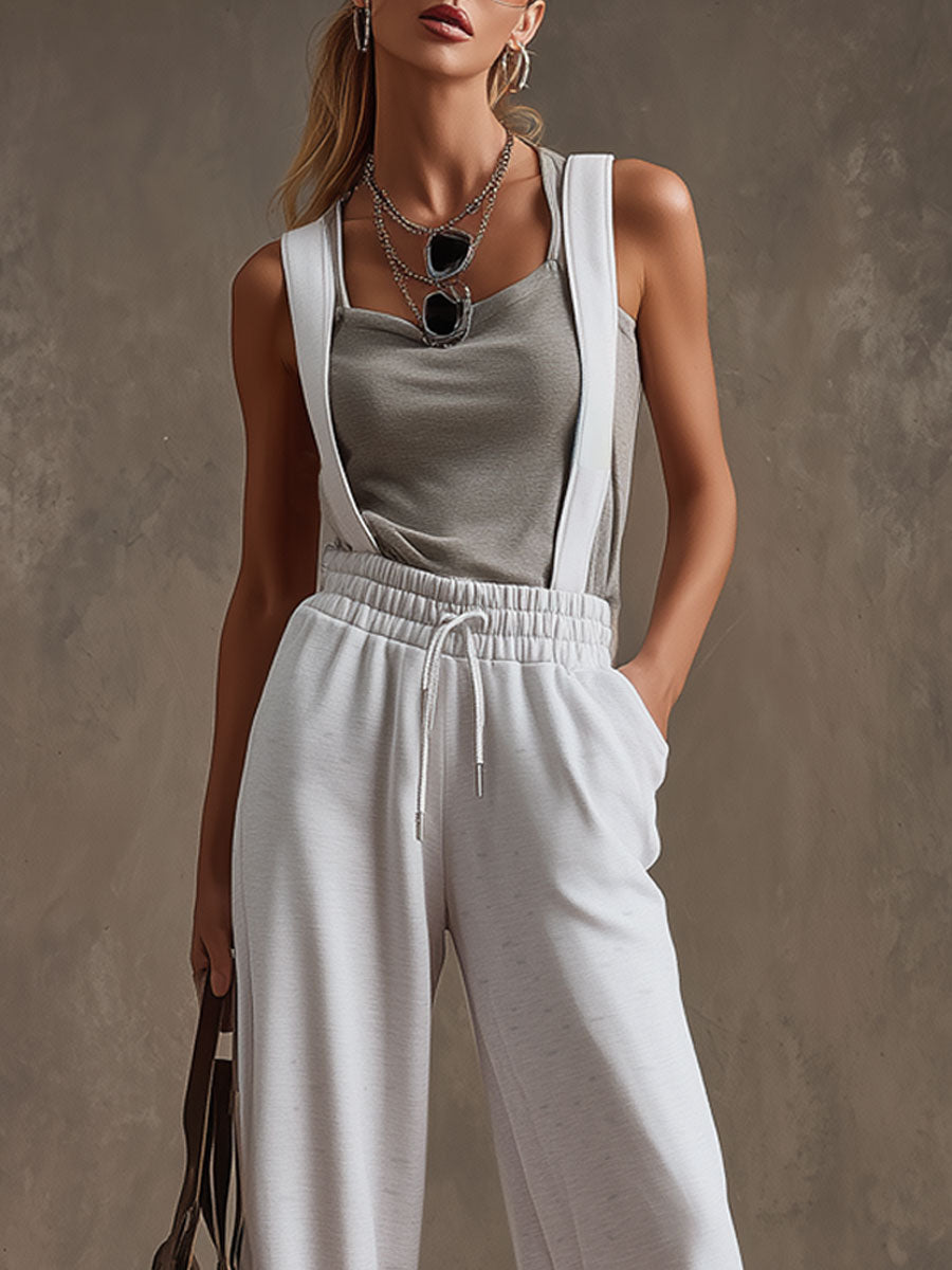 Casual Sporty Retro Gray-White Cotton Blend Overalls