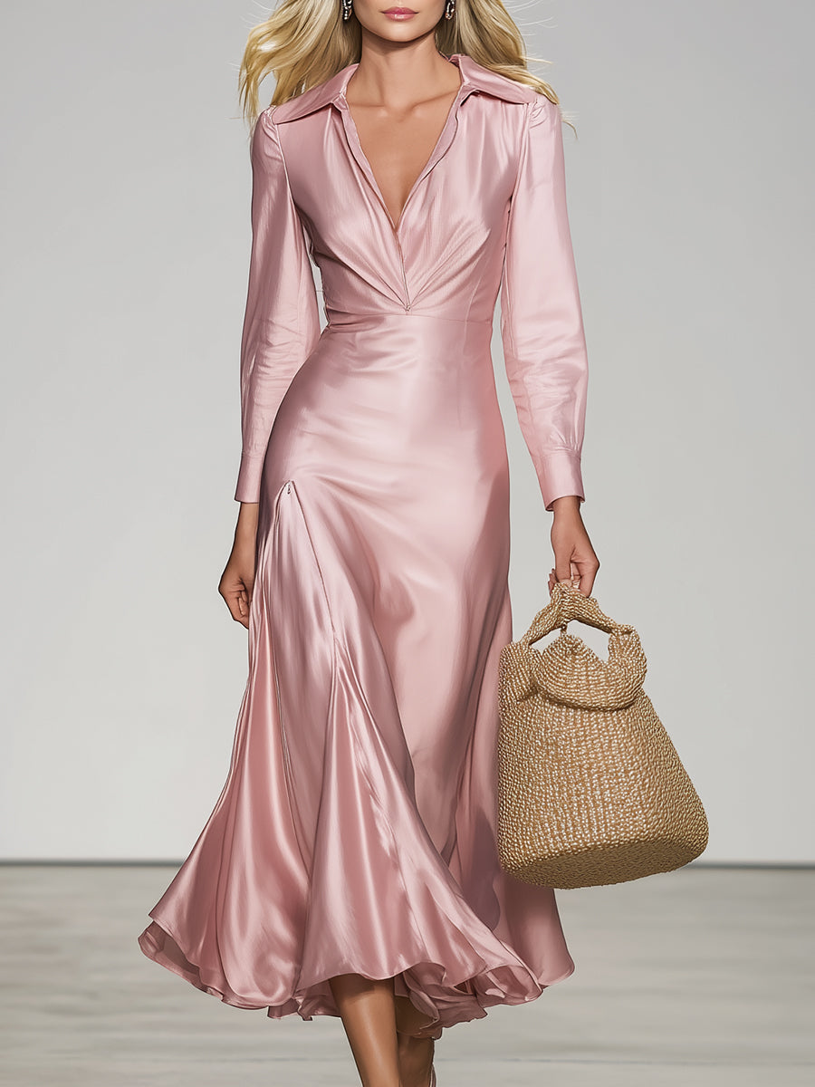 Elegant Pink Satin Shirt Collar Midi Dress