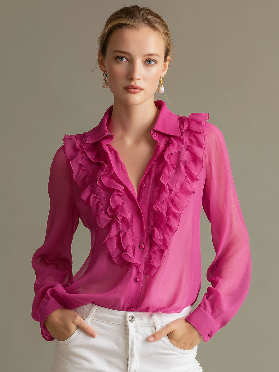 Fashionable Retro Pink Ruffled Chiffon Shirt