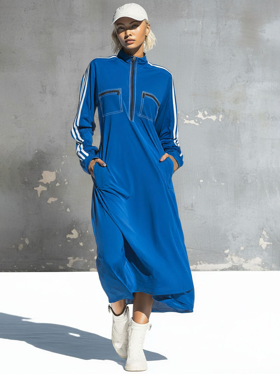 Sporty Style Stand-up Collar Zip-up Multi-pocket Long-sleeved Midi Dress