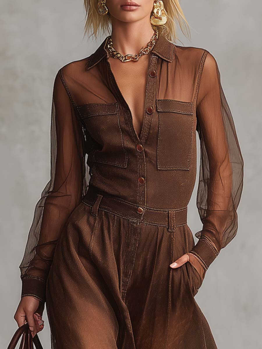 Vintage Western Front Button V-neck Long-sleeved Organza Stitching Brown Cotton Maxi Dress